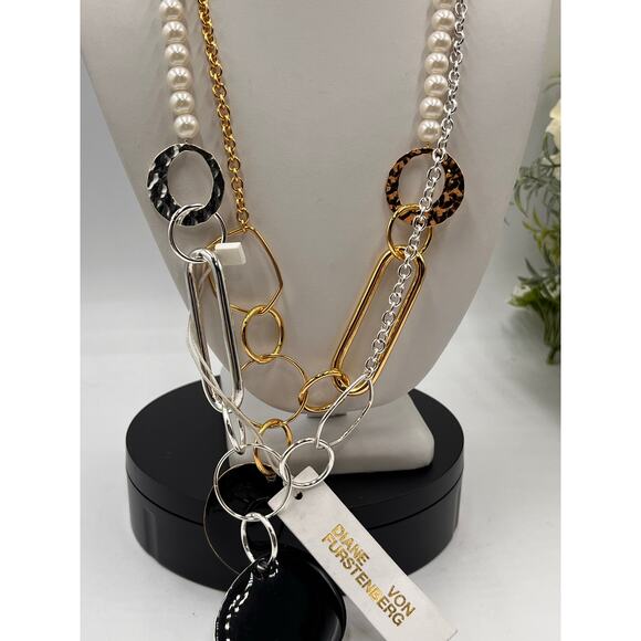 Diane von Furstenberg Mixed Metal Faux Pearl‎ Statement Long Ring Black Necklace - Picture 3 of 8